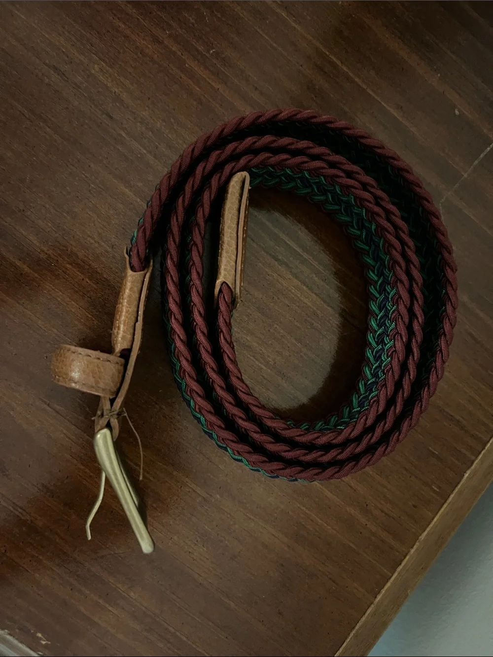 Leather-Trim Woven Belt in Brown with Green & Navy Accents